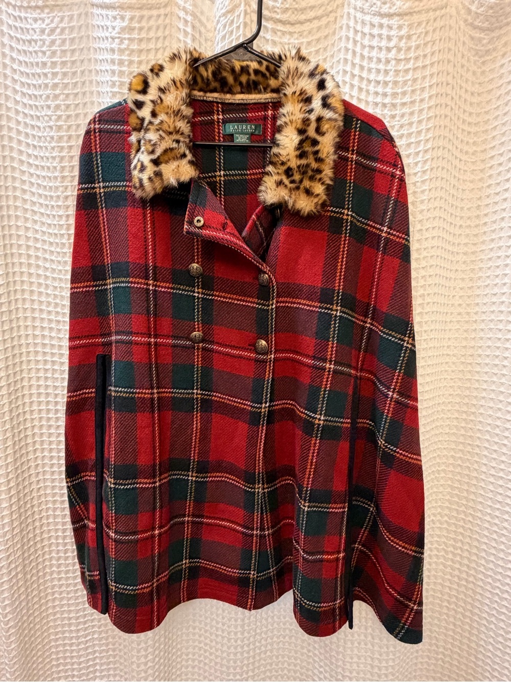 Lauren Ralph Lauren Red Plaid Cape with Leopard Faux-Fur Collar Accent